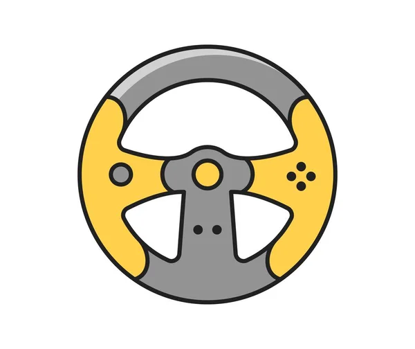 ゲームアイコン ビデオゲームで車を制御するステアリングホイール付きカラフルなレトロステッカー レースのためのボタンかコントローラーが付いているゲームパッド 白い背景に隔離された漫画の平らなベクターのイラスト — ストックベクタ