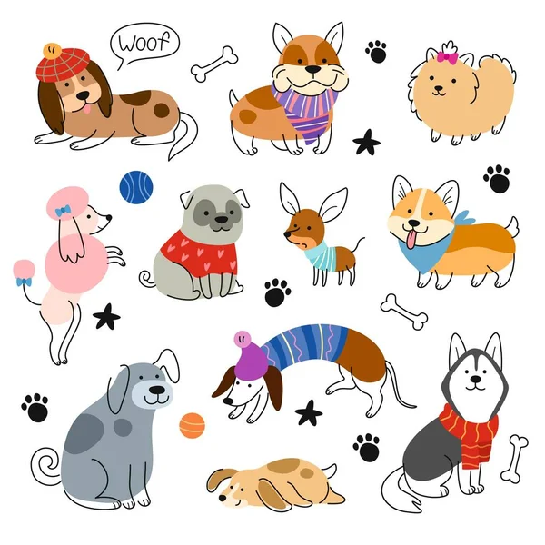 Conjunto Cães Bonitos Colorido Doodle Adesivos Ícones Com Filhotes Várias —  Vetores de Stock