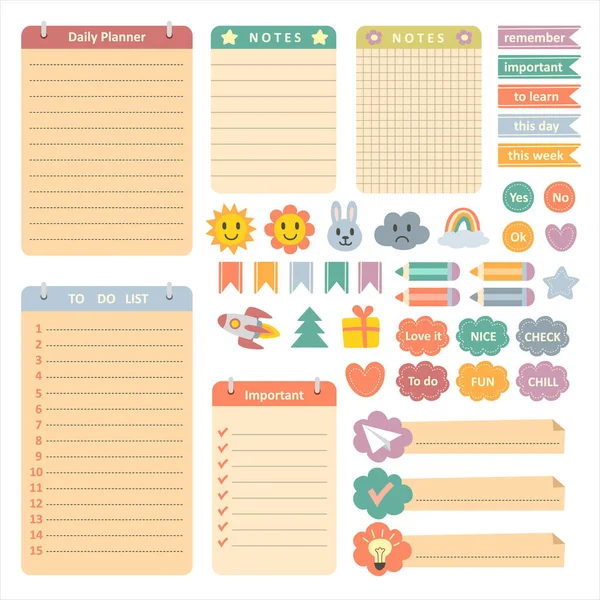 Set Journal Planner Design Colorful Stickers Lists Checklists Daily Planners — Stock Vector