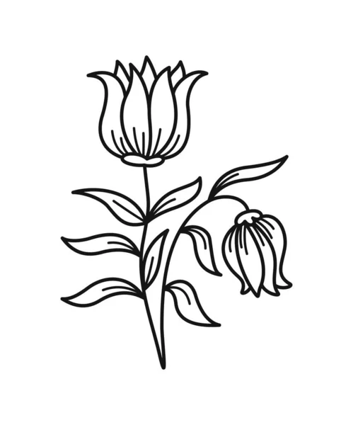 简约的花卉分枝 手绘图标与美丽的蓝铃花 田间开花植物 线形纹身的设计元素 在白色背景上孤立的卡通平面矢量图解 — 图库矢量图片