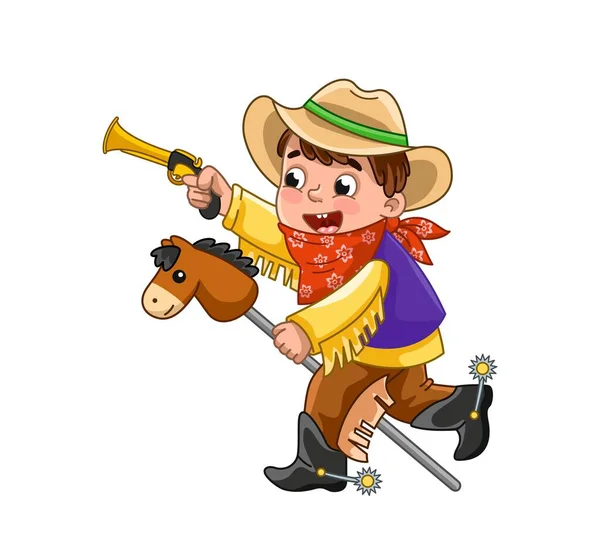 Jongen Cowboykostuum Kind Paard Speelgoed Met Gouden Pistool Met Bruine — Stockvector