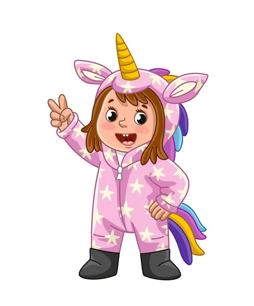 Gadis Dengan Kostum Unicorn Anak Dengan Tanduk Dan Ekor Berwarna - Stok Vektor