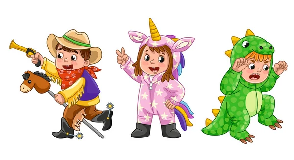 Kleine Kinderen Kostuums Jongen Met Pistool Paard Cowboy Kostuum Meisje — Stockvector