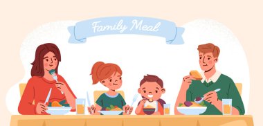 Aile yemeği konsepti. Kadın ve erkek, çocuklarla birlikte masada oturur ve sebzeli ekmek yerler. Ebeveynler ve çocuklar birlikte vakit geçirir, yemekten zevk alırlar. Çizgi film düz vektör çizimi