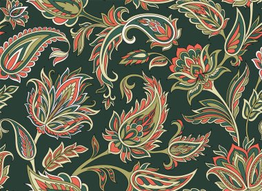 Paisley dikişsiz desen. Kumaş üzerine baskı yapmak için tasarım ögesi tekrarlanıyor. Renkli minimalist yapraklar, çiçekler, çiçek desenleri. Geleneksel Hint figürleri. Çizgi film düz vektör çizimi