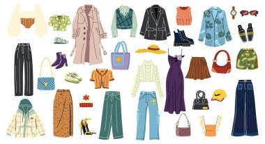 Moda kıyafetleri seti. Şık kıyafetler için pantolon, bluz, ceket, aksesuar, ayakkabı ve dış giysili çıkartmalar. Çeşitli gündelik giysiler. Çizgi film düz vektör koleksiyonu beyaz arkaplanda izole edildi