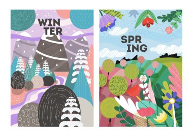 Kış ve bahar manzarası. Web sitesi için poster ya da afiş koleksiyonu. Soyut minimalist sanat. Mevsimleri değiştiren resimler. Beyaz arkaplanda izole edilmiş çizgi film düz vektör çizimleri