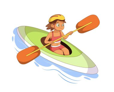 Kız kano konsepti. Sarı koruyucu miğferli, küreği nehirde ya da okyanusta kayıkla gezen sevimli bir çocuk. Aktif yaşam tarzı ve ekstrem sporlar. Çizgi film düz vektör çizimi