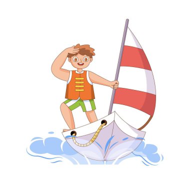 Çocuk yatta yelken açıyor. Üniformalı yakışıklı çocuk spor için aktif bir yaşam tarzına giriyor. Yaz tatili ve tatil. Çocuk okyanusta teknede ya da görüyor. Çizgi film düz vektör çizimi