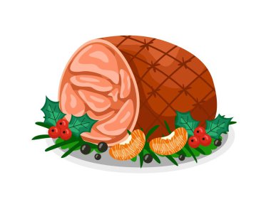 Geleneksel Noel Yemeği. Lezzetli füme jambon veya sebzelerle süslenmiş et. Xmas parti yemeği. Kış tatili için şenlikli yemek. Çizgi film düz vektör çizimi beyaz arkaplanda izole edildi