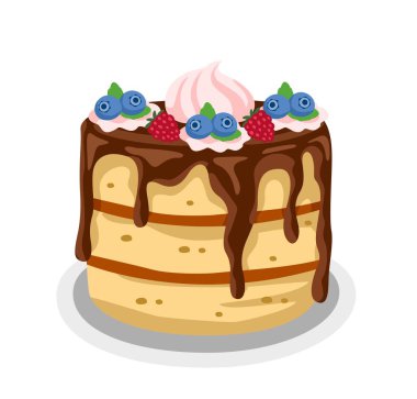 Geleneksel Noel Yemeği. Çikolatalı pasta, bisküvi ve böğürtlenli. Xmas partisi tatlısı. Kış tatili için şenlikli yemek. Çizgi film düz vektör çizimi beyaz arkaplanda izole edildi