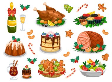 Noel yemeği seti. Geleneksel şenlik yemekleri, tatlılar ve Xmas yemeği için içecekler. Hindi, jambon, havyar, kek, sıcak şarap ve zencefilli ekmek. Çizgi film düz vektör koleksiyonu beyaz arkaplanda izole edildi