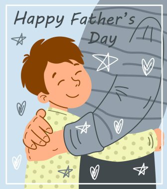 Erkek çocuğa sarılır. Babalar Günü kartpostalınız kutlu olsun. Babayla gülümseyen bir oğul, aile ve aşkta iyi ilişkiler. Tebrik kartı için tasarım ögesi. Çizgi film düz vektör çizimi