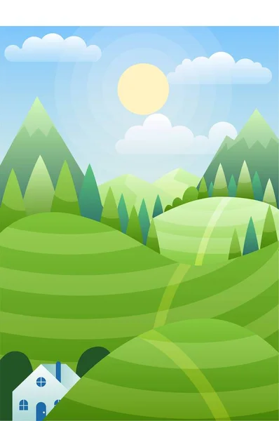 Countrisyde landscape day. Sun with clouds in sky over green hills and trees. Summer or spring season and good weather. Change of time of day. Cartoon flat vector illustration