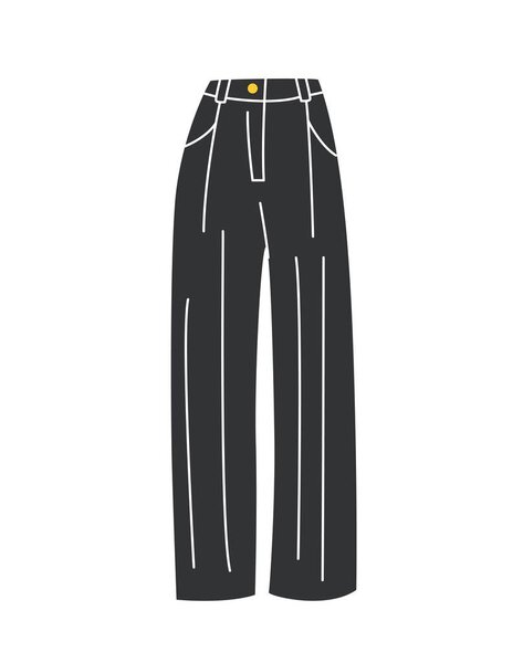 Fashion women clothes. Doodle sticker with classic straight black trousers. Stylish office pants. Trendy Basic Female Garment. Cartoon flat vector illustration isolated on white background
