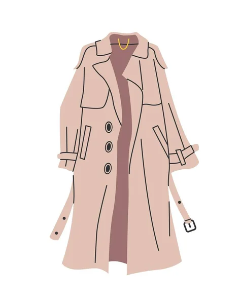 ファッションの女性服 古典的なコートかトレンチ コートが付いている多彩なステッカー 秋のスタイリッシュなアウターウェア トレンドの基本的な女性の衣服 白い背景に隔離された漫画の平らなベクターのイラスト — ストックベクタ