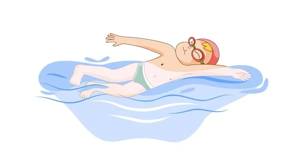 泳いでいる小さな少年 赤ちゃんはスポーツに入る アクティブで健康的なライフスタイル かわいい子供は海 またはプールで夏の休日に水の下で泳ぐ 漫画フラットベクターイラスト — ストックベクタ