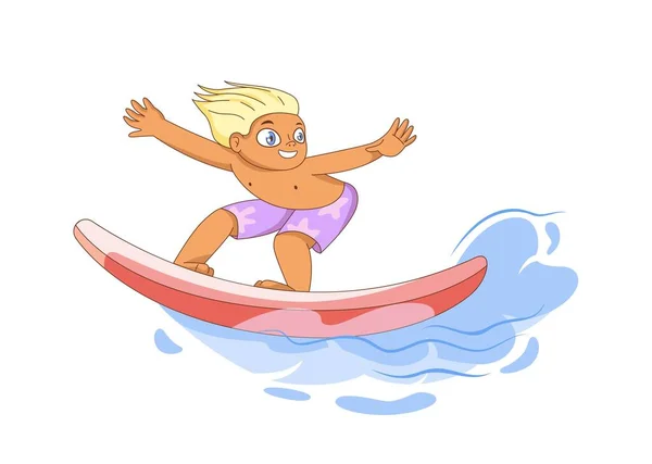 Rapaz Prancha Surf Criança Surfar Desporto Extremo Miúdo Divertir Onda — Vetor de Stock