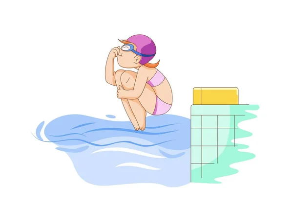 Suya Atlayan Kız Miğferli Gözlüklü Küçük Çocuk Trambolinden Havuza Atlıyor — Stok Vektör