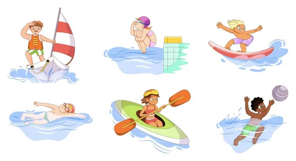 Kinderen Die Watersporten Doen Zwemmen Surfen Waterpolo Kanoën Skispringen Zeilen — Stockvector