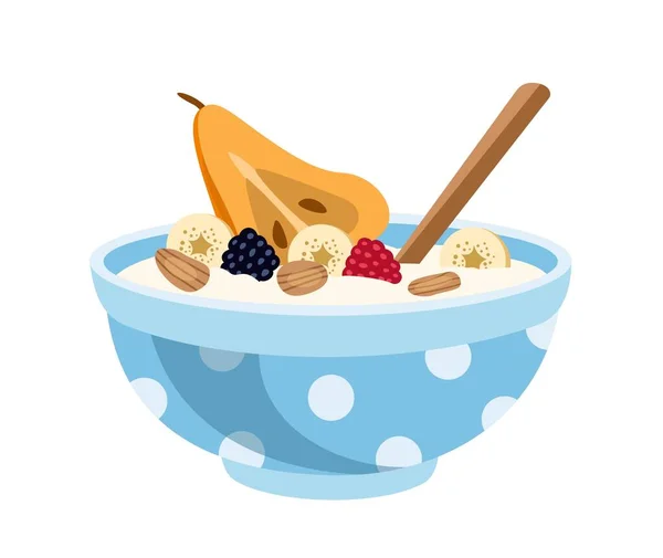 真珠とオートミール バナナ ナッツ イチゴとミルクポリッジ 健康的な食事と適切な栄養 炭水化物とタンパク質 伝統的な朝食 漫画フラットベクターイラスト — ストックベクタ