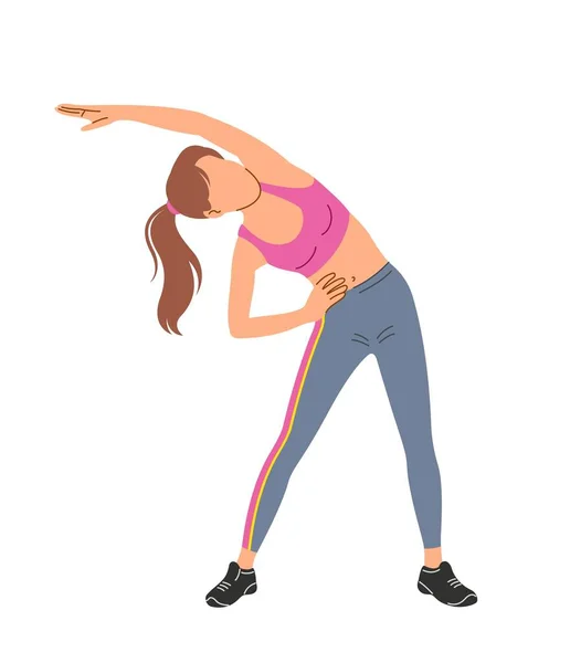 年轻的女孩伸展 女人从事瑜伽或普拉提和健身 性格做运动 站着伸展姿势 沉思与健康 卡通平面矢量插图 — 图库矢量图片