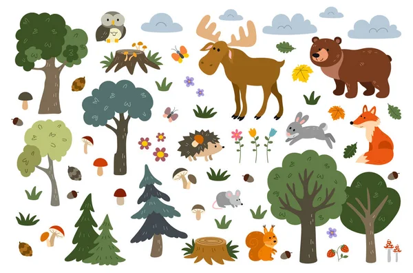 Conjunto Animais Selvagens Floresta Etiqueta Com Animais Silvestres Floresta Árvores —  Vetores de Stock