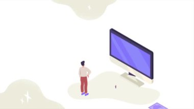 Borsa ticareti. Taşıyıcı kadın ve erkek simsarlar bilgisayarın yanında durur ve para yatırımı için grafik ve grafikleri analiz ederler. Finansal yönetim ve kâr yapma. Isometric grafik çizgi film