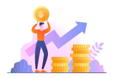 İş stratejisi konsepti. Elinde altın para olan adam büyüyen okun altında duruyor. Grafikler ve diyagramlar. İstatistik analizi ve bilgi grafikleri. Finansal okuryazarlık ve gelir. Çizgi film düz vektör çizimi