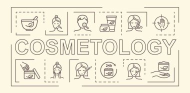 Kozmetik çizgisi afişi. Spa tedavili ikon koleksiyonu. Deri ve yüz bakımı konsepti. Doğal ve organik kremler ve losyonlar. Bej arkaplanda izole edilmiş çizgi film düz vektör çizimleri