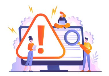 Problem çözme konsepti. Loupe 'lu kadın ve erkek bilgisayardaki hataları değerlendiriyor. Yanlış bağlantı için kırmızı uyarı. IT uzmanları ve programcılar, teknik destek. Çizgi film düz vektör çizimi
