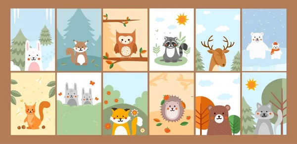 Bandeiras Animais Definidas Coleção Cartazes Com Moradores Floresta Ártico Coelho —  Vetores de Stock