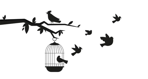 ケージのシルエットにいる鳥たち 自由と内なるバランスの象徴 エレガンスとエレガンス テンプレート レイアウト モックアップ 春と夏の季節 グリーティングカードデザイン 漫画フラットベクターイラスト — ストックベクタ