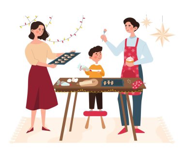 Aile zencefilli çörek pişiriyor. Erkek ve kadın ve oğulları yeni yıl kutlaması ya da Noel masasına kurabiye hazırlıyorlar. Aile tatili ve boş zaman. Kültür ve gelenekler. Çizgi film düz vektör çizimi