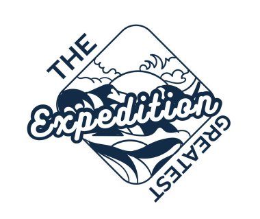 En iyi keşif logosu türü. Dağların ve ormanın arkasındaki güneş. Doğa, yürüyüş ve kamp, açık hava. Web sitesi için grafik ögesi. Şirket için Rhombic logotype. Çizgi film düz vektör çizimi