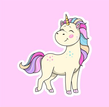 Şirin tek boynuzlu at çıkartması. Web sitesi için grafik ögesi, tebrik kartı için tasarım ögesi. Hayali karakter, hayal gücü ve peri masalı. Gökkuşağı yeleli ve kuyruklu bir midilli. Çizgi film düz vektör çizimi