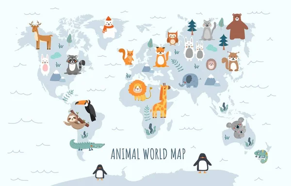 Dieren Wereldkaart Onderwijsmateriaal Voor Kinderen Biologie Zoölogie Fauna Van Verschillende — Stockvector