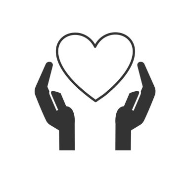 Kalbi simsiyah olan dikkatli eller. Sosyal ağlar ve kuryeler için etiket. Sadaka, bağış, cömertlik. Şirket ya da organizasyon için logot tipi, markalaşma. Çizgi film düz vektör çizimi