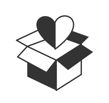 Kalp simgesi siyah olan bakım kutusu. Sevgi ve yardım, gönüllülük ve bağış metaforu. Yardım fonu ve sosyal destek kavramı. Web sitesi afişi ya da afişi. Çizgi film düz vektör çizimi