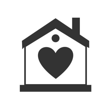 Siyah kalp ikonu olan eve dikkat et. Sevgi ve yardım, yardım, aktivizm ve gönüllülük metaforu. Evdeki rahatlık ve rahatlık. Web sitesi afişi ya da afişi. Çizgi film düz vektör çizimi