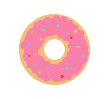 Şekerli donut. Tatlı ve lezzetli pembe jöleli. Bayram ve festivallerin sembolü, sevgililer günü ve evlilik yıldönümü. Şirket ya da organizasyon logosu. Çizgi film düz vektör çizimi