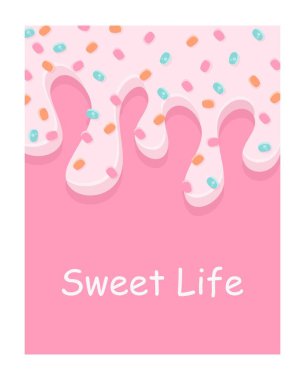 Donuts pink banner. Sweet life and icing, sweet products, fast food. Graphic element for website. Place for text, template and layout, mock up. Cartoon flat vector illustration clipart