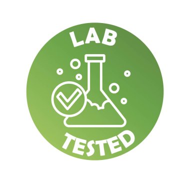 Laboratuvar logotini test etti. Yuvarlak yeşil etiketli matara silueti. Kalite damgası, kanıtlanmış ürün ve ürün. Web sitesi için grafik ögesi. Deneyler ve testler. Çizgi film düz vektör çizimi