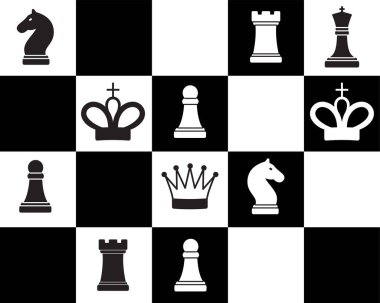 Siyah beyaz satranç. Web sitesi için grafik ögesi. Spor ve yararlı hobi. Mantık ve zeka oyunu. İş planlaması, strateji, gelecek vizyonu. Çizgi film düz vektör çizimi