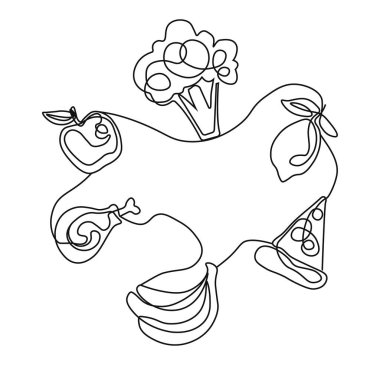 Yemek kuyruğu. Doğal ve organik ürünler, meyve ve sebzeler. Sağlıklı beslenme, düzgün beslenme, vejetaryen diyeti. Minimalist yaratıcılık ve sanat. Çizgi film düz vektör çizimi