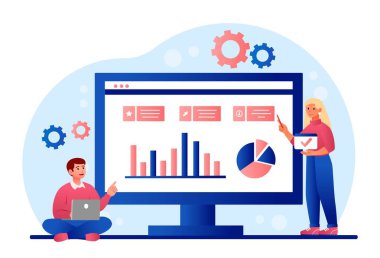 Analistler iş yerinde. Erkek ve kadın grafikleri ve şemaları değerlendirir. Finansal bütünlük ve pasif gelir. Bütçe ve piyasa araştırması. Bilgiyle çalışıyorum. Çizgi film düz vektör çizimi