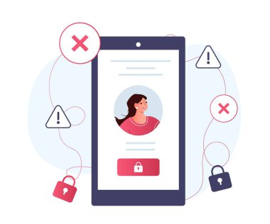 Engellenmiş hesap konsepti. Akıllı telefon ekranındaki genç kız. İnternet güvenliği ve kişisel verilerin korunması. Korsan saldırılarından ve siber güvenlikten korunan bir profil. Çizgi film düz vektör çizimi