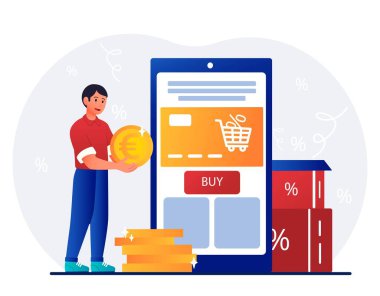 İndirim ve sadakat programı. Akıllı telefonun yanında altın paraları olan adam. Müşteriler, satışlar ve promosyonlar için özel teklif. İnternet 'te mal ve hizmetlerin tanıtımı. Çizgi film düz vektör çizimi