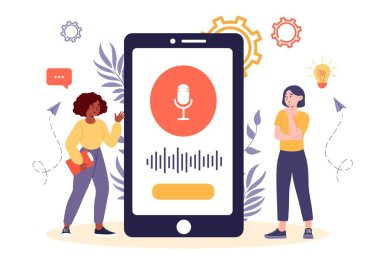 İnsanlar telefon kullanır. Akıllı telefonun yanındaki genç kızlar ses kaydedici kullanır. Sesli mesajları, ses dosyalarını, ilginç içeriği ve sosyal ağlardaki iletişimi kaydet. Çizgi film düz vektör çizimi