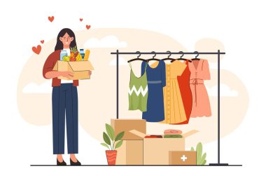 İnsani yardım kavramı. Genç kız yiyecek ve giyecek kutularını topluyor. Bağışlar, hayır işleri, cömertlik. Gönüllü ve aktivist. Web sitesi afişi ya da afişi. Çizgi film düz vektör çizimi